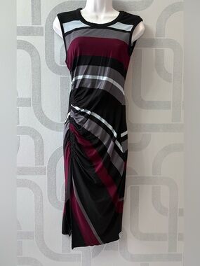 le chateau Black, Burgundy & Gray Striped Midi Dress